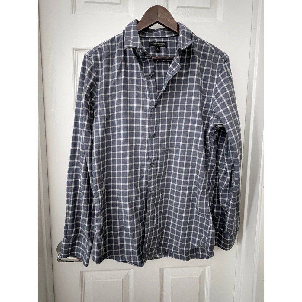 Banana Republic Mens Tailored Slim Fit Windowpane Plaid Button Down Shirt Navy M